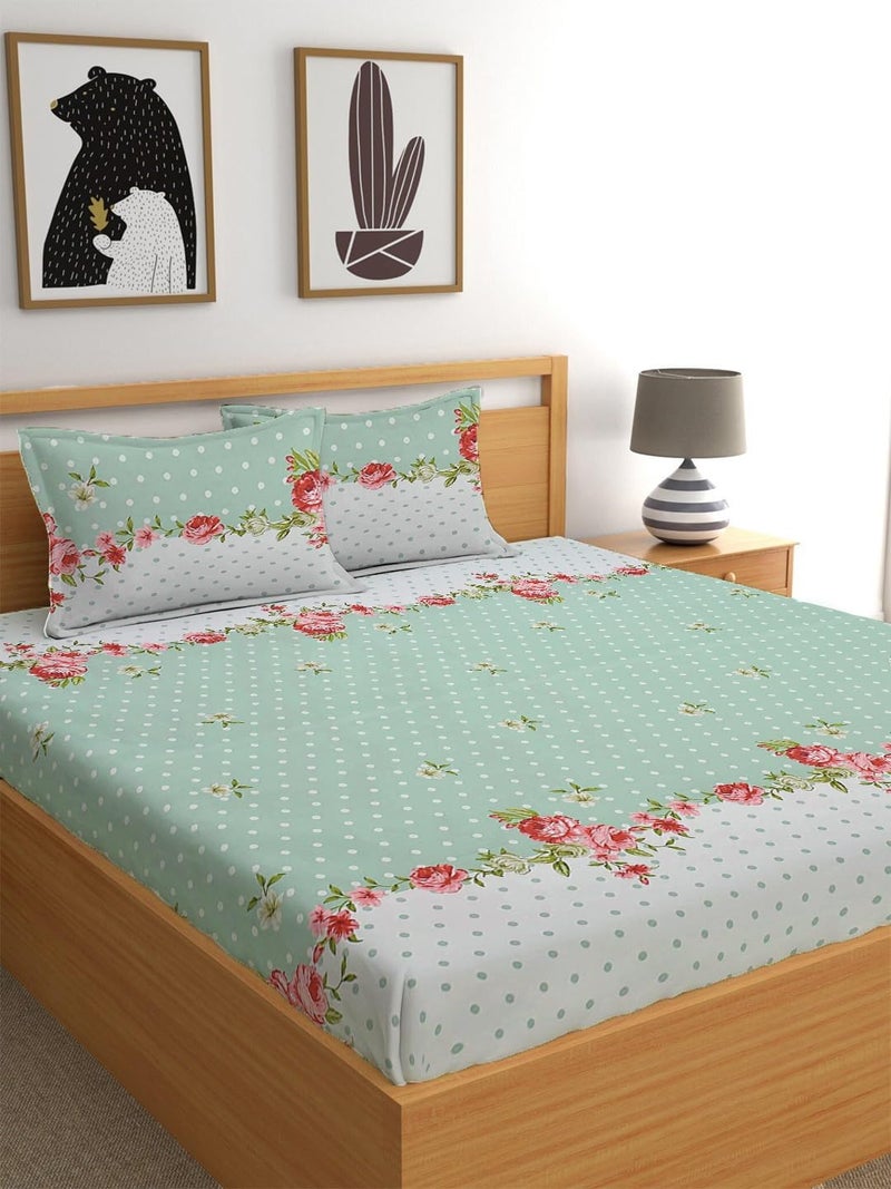 STARNSTYLE Floral Elastic Fitted Bedsheet with 2 Pillow Covers - King Size (78x72 Inches, Oat) - Image 1